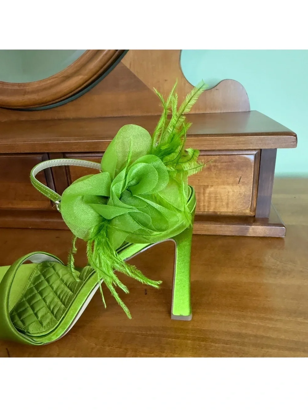 NEW Sam  Edelman Leana Green Satin sandal Feather Dress Heels woman 11